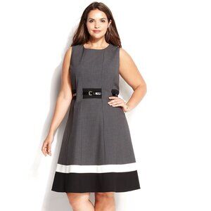 Calvin Klein Gray Black Fit Flare Belted Classic Office Dress Women’s  Size 16 W